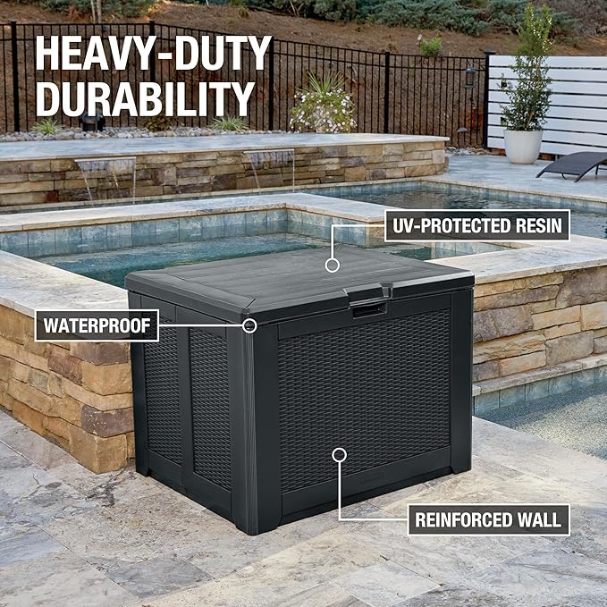 Rubbermaid Medium Resin Outdoor Storage Deck Box (74 Gal), Weather Resistant, Black, Deck Organization for Home/Backyard/Pool Chemicals/Toys/Garden Tools/Porch/Patio Cushions-Ruum Studio Home