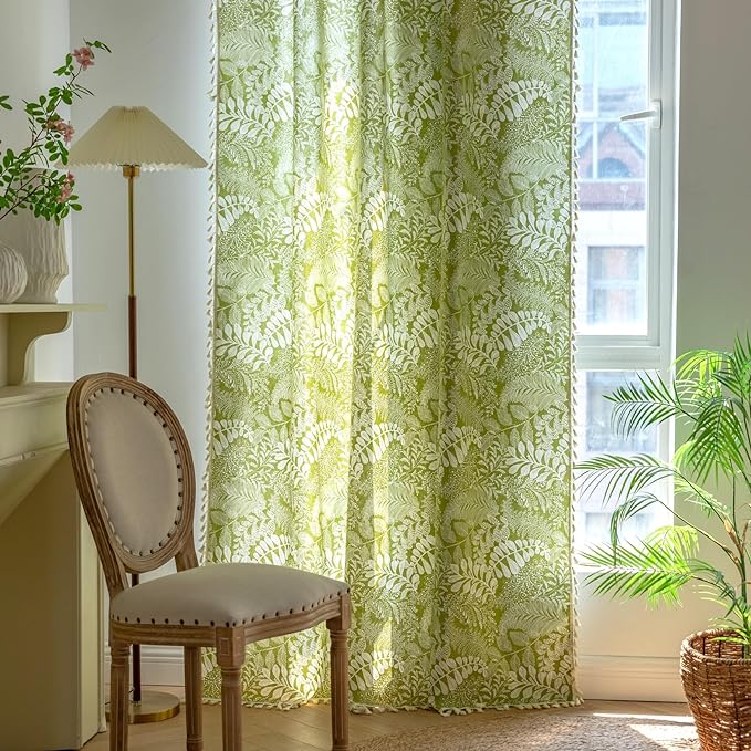 Sutuo Home Boho Curtains 84 Inches Length for Bedroom Living Room, Printed Cotton Linen Rod Pocket Rustic Farmhouse Bohemian Tassels Window Treatment, 1 Panel 59" W x 84" L, Green Botanic Leaves-Ruum Studio Home