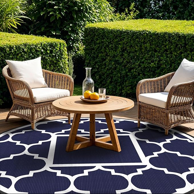 GENIMO 10 ' Round Outdoor Rug for Patio, Waterproof Indoor Outdoor Plastic Straw Rugs Carpet, Reversible Outside Area Mat for Camping, Balcony Porch, Deck, Picnic, Blue White-Ruum Studio Home