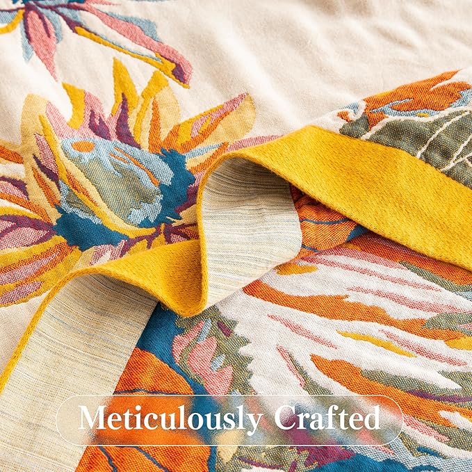 Boho Throw Blanket Full Size, Extra Large Soft Cozy Cotton Muslin Quilt Blanket for Bed Decor, Floral Patterned Couch Sofa Chair Cover, Vintage Farmhouse Cottage Woven Blanket, Yellow&Blue-Ruum Studio Home
