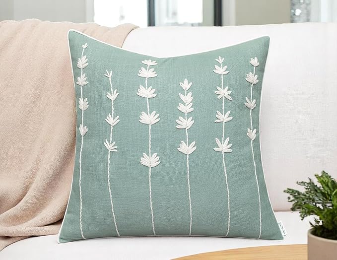VAGMINE Hand Embroidered Daisy Accent Throw Pillow Cover - 18x18 Inches Square - 100% Cotton Light Teal Decorative Cushion Cover for Couch, Sofa, Bed - Textured Embroidery - Elegant Floral Home Décor-Ruum Studio Home