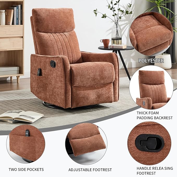 Manual Swivel Rocker Recliner Chair for Adults, Overstuffed Reclining Glider Chair for Nursing with Vibration Massage & Heat, Living Room Rocking Recliner 2-Stage backrest, Chenille Fabric Orange-Ruum Studio Home