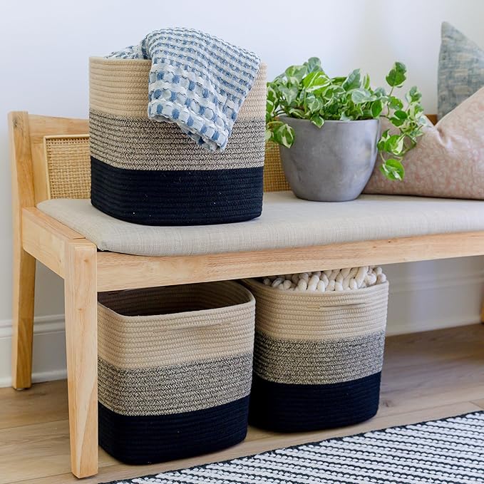 NaturalCozy Storage Cubes 11 Inch Cotton Rope Woven Baskets for Organizing, 3-Pack | Cube Storage Bin | Square Storage Baskets for Shelves Organizer, Classroom, Kids Toy Bins, Closet, Baby Nursery-Ruum Studio Home