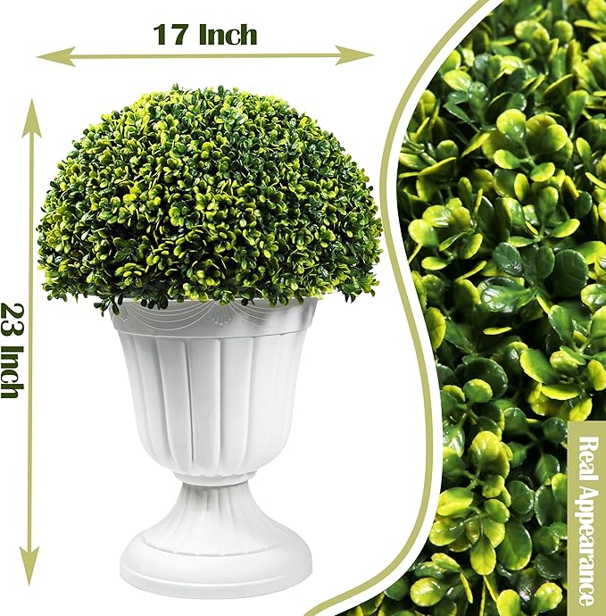 Sunnyglade 2 PCS 23”Artificial Plastic Boxwood Ball Tree，Faux Potted Decorative Topiary Plant，UV Resistant Fake Plant in Pot for Home Gate Indoor Outdoor Patio Office Decor-Ruum Studio Home