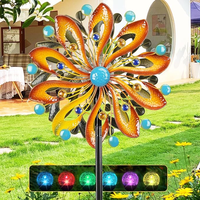 Wind Spinners for Yard and Garden - Wind Sculptures & Spinners 75 in Garden Kinetic Art with Solar Powered Multi-Color Glass Ball Light - Gradient Brown-Ruum Studio Home