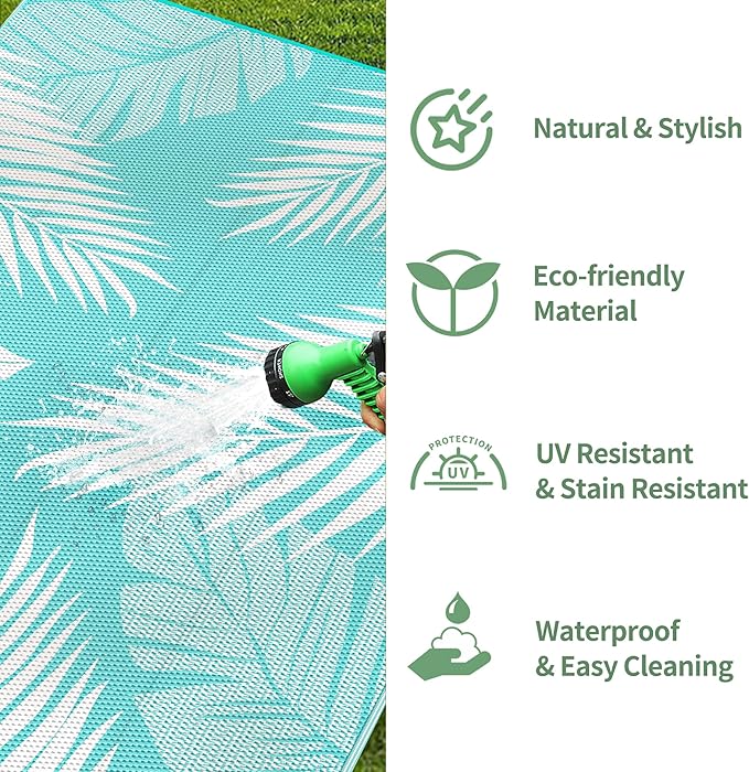 GENIMO Outdoor Rug 9' x 12' Waterproof for Patios Clearance, Reversible Outdoor Plastic Straw Camping Rug Carpet, Large Area Rugs Mats for RV, Camper, Deck, Balcony, Porch, Beach, Aqua Blue&White-Ruum Studio Home