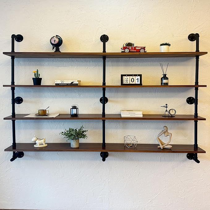 Industrial Pipe Wall Shelves With Real Wood Plank, 70 Inches Floating Shelves for Wall, 4 Tier Farmhouse Book Shelves, Dark Brown for Kitchen, Living Room Decor and Bar-Ruum Studio Home