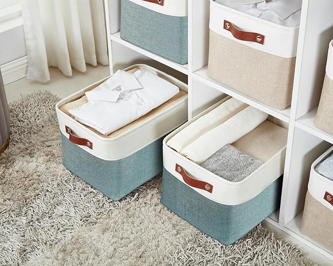 DECOMOMO Storage Bins Fabric Storage Baskets for Shelves, Linen Closet Organization Toys Nursery (Green and White, Large - 3 Pack)-Ruum Studio Home