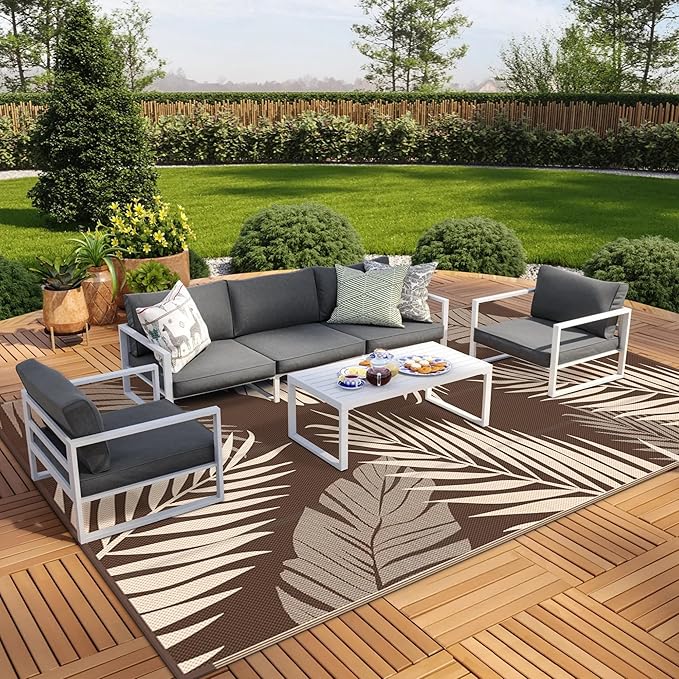 GENIMO Outdoor Rug 10' x 14' Waterproof for Patios Clearance, Reversible Outdoor Plastic Straw Camping Rug Carpet, Large Area Rugs Mats for RV, Camper, Deck, Balcony, Porch, Beach, Coffee&Beige-Ruum Studio Home