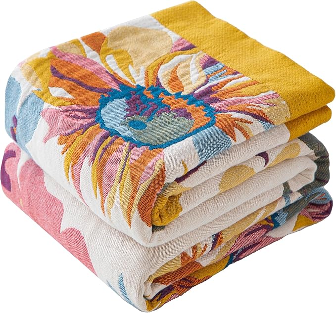 Boho Throw Blanket Full Size, Extra Large Soft Cozy Cotton Muslin Quilt Blanket for Bed Decor, Floral Patterned Couch Sofa Chair Cover, Vintage Farmhouse Cottage Woven Blanket, Yellow&Blue-Ruum Studio Home