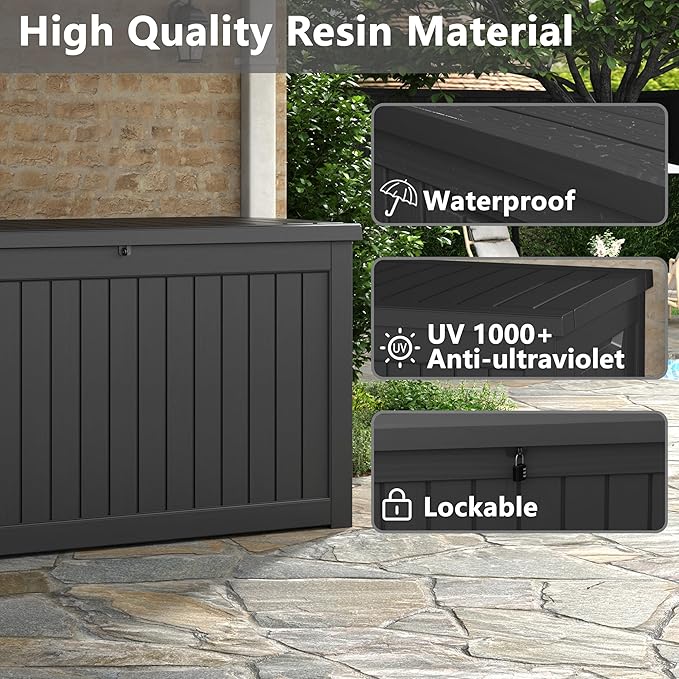 KAMABOKO 230 Gallon Outdoor Storage Box, Resin Deck Boxes Indoor and outdoor, Waterproof Storage Box Lockable Lid for Garden Tools, Package Delivery, Patio Cushions, Black-Ruum Studio Home