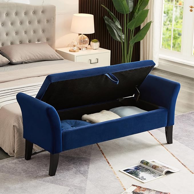 Furniliving Storage Ottoman Bench, Velvet Benches End of Bed Bench with Solid Wood Legs Upholstered Ottoman Bench with Storage Indoor Bench for Living Room with Rolled Arm, Entryway, NavyBlue-Ruum Studio Home