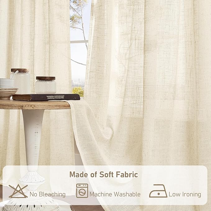 LAMIT Short Linen Curtains 40 inches Long for Small Window, Bronze Grommet Linen Drapes Light Filtering Sheer Window Curtains for Kitchen, Set of 2 Panels (34 x 40 Inch, Beige)-Ruum Studio Home