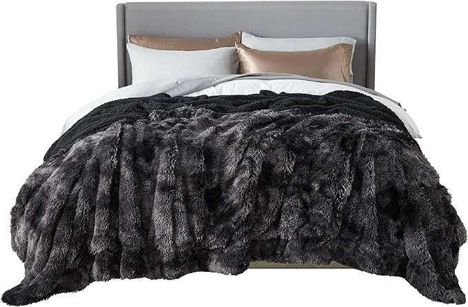 Bedsure GentleSoft Fluffy Tie Dye Black Blankets Queen Size for Bed, Thick Sherpa Faux Fur Fleece Fuzzy Plush Winter Warm Soft Queen Blankets, Black Bedroom Decor Cozy Gifts for Women Men, 90x90-Ruum Studio Home