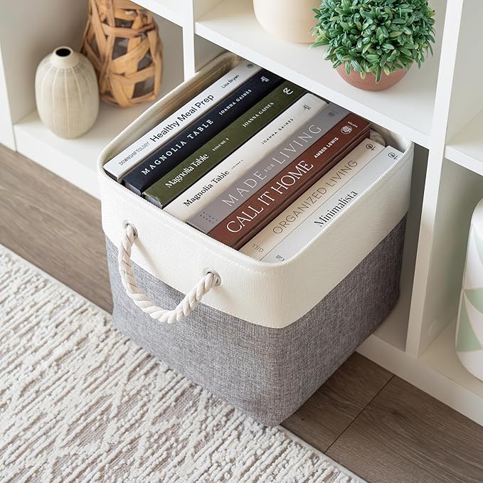 OrganiHaus 11x11 Cube Storage Bins 4 Pack, Foldable Cube Storage Organizer w/ Rope Handles, Collapsible Fabric Bins for Toys, Clothes & Closet Organization, Fabric Square Baskets - Gray/White-Ruum Studio Home