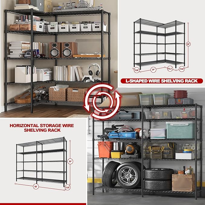 REIBII 5 Tier Wire Shelving Storage Shelves Loads 1430LBS, 58" W Metal Shelving for Storage Adjustable Shelving Unit Heavy Duty Garage Shelves Pantry Shelves Kitchen, Black-Ruum Studio Home