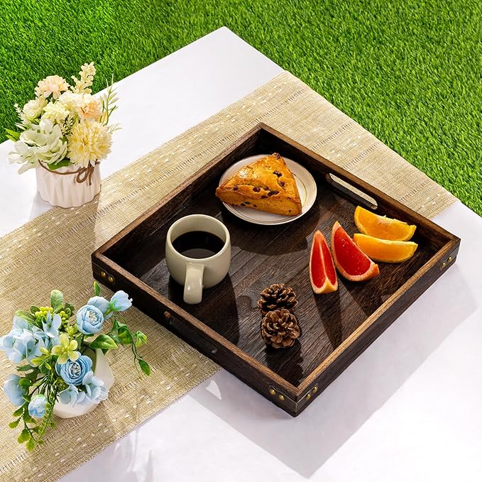 Yangbaga Serving Tray with Handles,12.5"*12.5"Wood Decorative Tray for Living Room,Modern Coffee Table Tray,Square Large Serving Platters for Home Decor,Ottoman,Bed,Kitchen,Bathroom, Breakfast,Bar-Ruum Studio Home