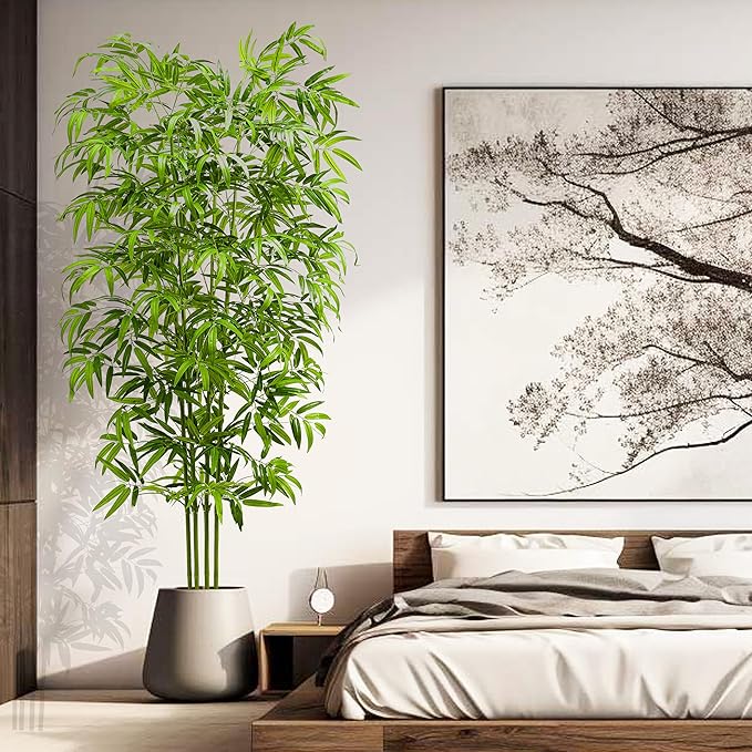 Artificial Tree Fake Plants, Artificial Bamboo Tree 7FT Tall in White Potted, Artificial Tree Indoor Decor Bamboo Silk Tree with Natural Wood Trunk, for Home Office Living Room Modern-Ruum Studio Home