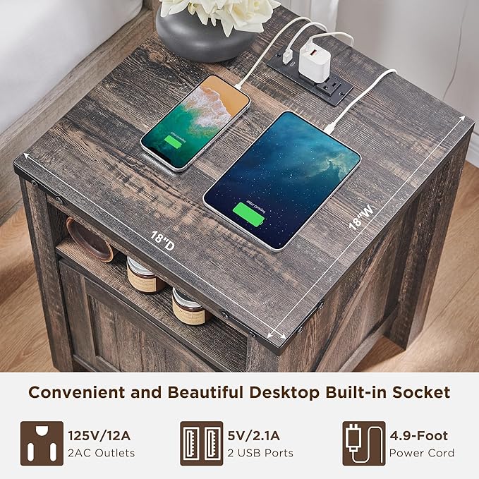 OKD Farmhouse Nightstand with Charging Station, 18" Rustic End Table with Adjustable Storage Shelf, Wood Rustic Wood Sofa Side Table for Bedroom-Ruum Studio Home
