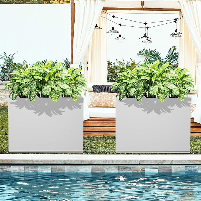 FENCY Metal Rectangular Planter Box Large Planters for Outdoor Plants, Tall Planters for Outdoor Plants with Drainage Holes, Rectangular Planters for Outdoor Plants (35.4" L x 9" W x 25.6" H,White)-Ruum Studio Home