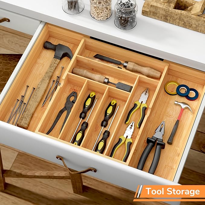 BAMEOS 3" Deepth Expandable Drawer Organizer, Deep Flatware Organizer, Adjustable Silverware Organizer, Bamboo Drawer Organizer for Kitchen, Bathroom (Natural)-Ruum Studio Home
