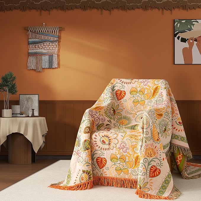 Boho Throw Blanket Twin Size, Soft Cozy Cotton Muslin Quilt Blanket for Bed Decor, Floral Patterned Couch Sofa Chair Cover, Vintage Farmhouse Cottage Tapestry Woven Blanket, Coral&Green-Ruum Studio Home