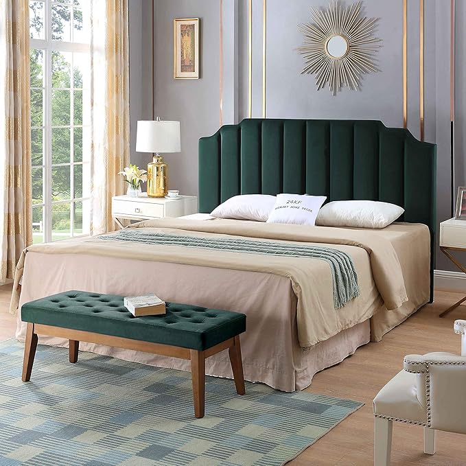 24KF Jade Velvet Tufted King Upholstered Headboard, Modern Vertical Channel Design California King Headboard with Stepped Silhouette Top Edge,Jade-Ruum Studio Home