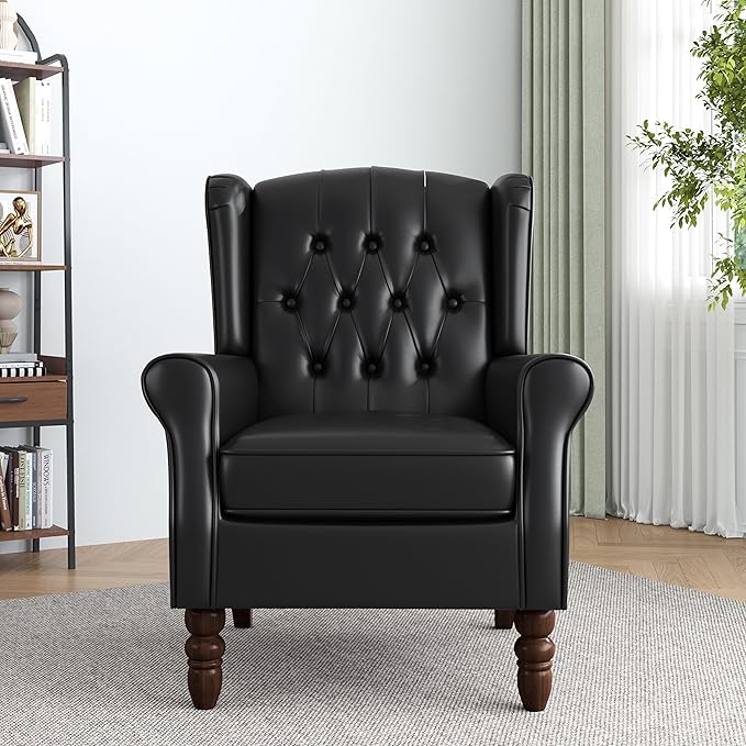 High Back Accent Chair,Upholstered Faux Leather Wingback Armchair with Solid Wood Legs for Small Spaces,Comfy Single Sofa Chair for Living Room,Bedroom,Office-Black-Ruum Studio Home