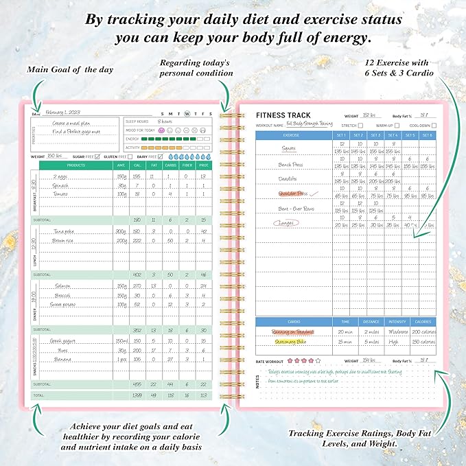 Wellness Planner & Fitness Log - Daily Diet & Health Journal with Weight Loss, Wellness Journal Notebook for Tracking Fitness, Sleep, Nutrition, Meal, Habits, A5(5.8 x 8.6 inch) (Pink)-Ruum Studio Home