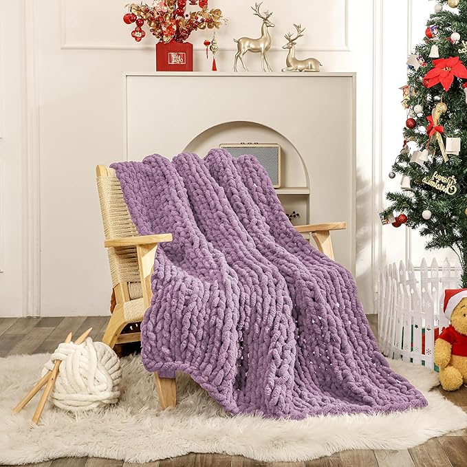 WESHIONGOO Chunky Knit Blanket Throw 50"×60" Knitted Throw Blankets for Couch Bed Fluffy Soft Blanket with Jumbo Chenille Yarn Thick 100% Handmade(Lilac)-Ruum Studio Home