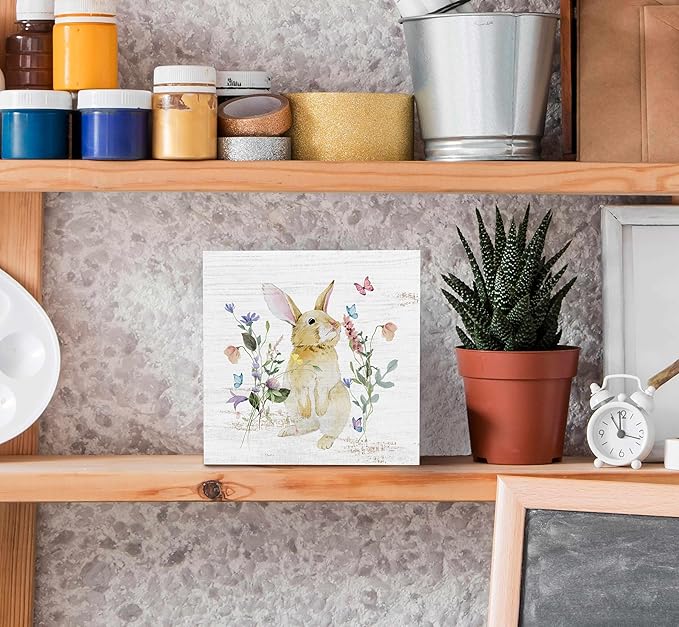 SRADMO Bunny Sign, Cute Bunny's Wood Box Sign Desk Decor, Easter Bunny Gifts for Kids, Easter Theme Wooden Block Box Sign Decoration for Home Office Shelf Table Decor-Ruum Studio Home