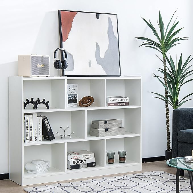 Tangkula 8-Cube Bookcase, Wood 3 Tier Open Storage Bookshelf, Modern Multipurpose Display Cabinet for Living Room, Study, Reading Nook, 48 x 12.5 x 36.5 Inch, White-Ruum Studio Home