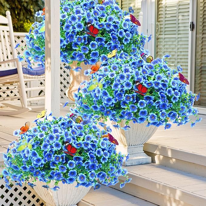 ‌20 Bundles Artificial Flowers for Outdoors‌ with 6 Faux Butterflies, UV Resistant ‌Fake Flowers‌ with Eucalyptus Leaves, ‌Artificial Plants Outdoor‌ for Patio Garden Porch Home Decor (Blue)-Ruum Studio Home