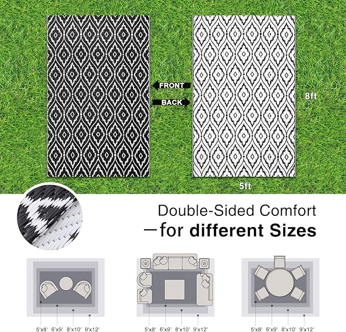 OLANLY Outdoor Rug 5x8 ft Waterproof, Outdoor Plastic Straw Rug with Geometric Pattern Clearance, Reversible RV Mat for Patio, Camping, Balcony, Deck, Backyard, Black & White-Ruum Studio Home