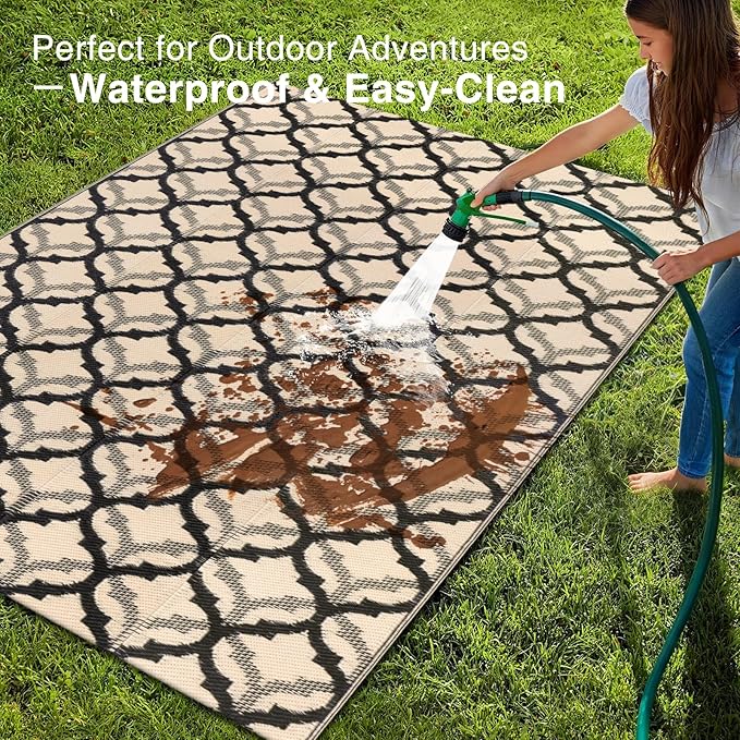 OLANLY Reversible Outdoor Rug 5x8 ft Clearance, Waterproof Outdoor Plastic Straw Rug with Interlacing Pattern, RV Mat for Patio, Camping, Balcony, Deck, Backyard, Black & Beige-Ruum Studio Home