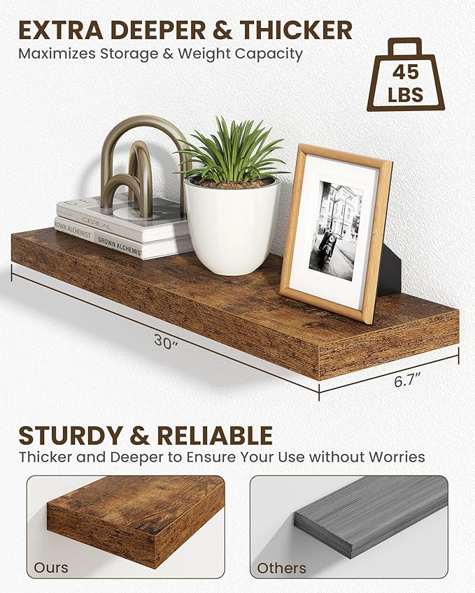 Marsmiles 30" Floating Shelves for Wall, Wooden Shelves with Invisible Brackets Set of 2, Rustic Farmhouse Wall Mounted Shelf for Kitchen Bathroom Living Room Study, Rustic Brown-Ruum Studio Home