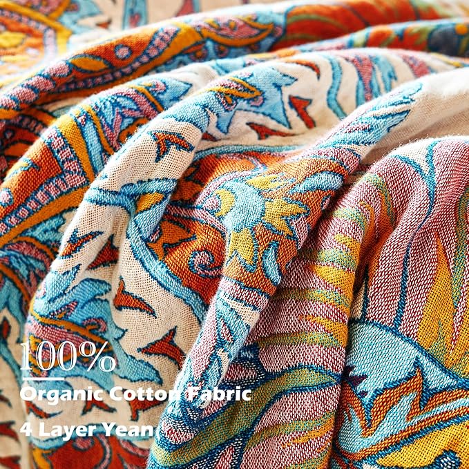 Boho Throw Blanket, 100% Organic Cotton Breathable Ultra Soft Bed Quilt Throw - All Season Floral Bird Butterfly Farmhouse Decor Blanket for Sofa Couch Chair and Gift. 60" x 80"-Ruum Studio Home