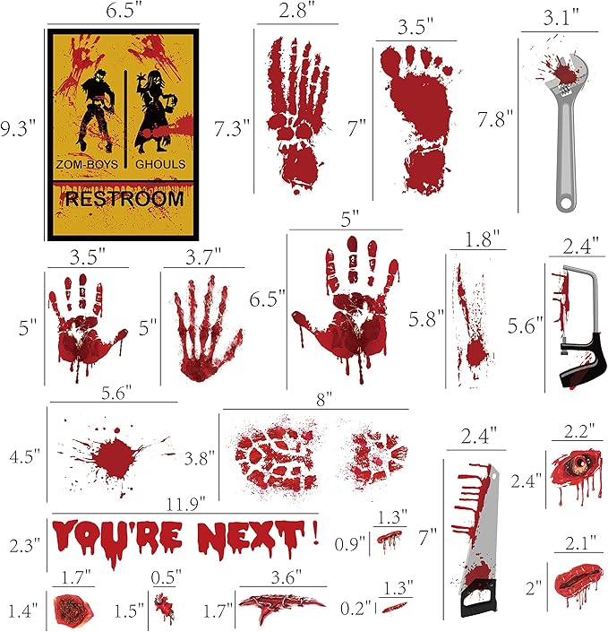 173PCS Halloween Bloody Footprints Floor Clings Plus Tattoos - Hallowmas Handprint Zombie Restroom Sign Decals Party Decorations-Ruum Studio Home