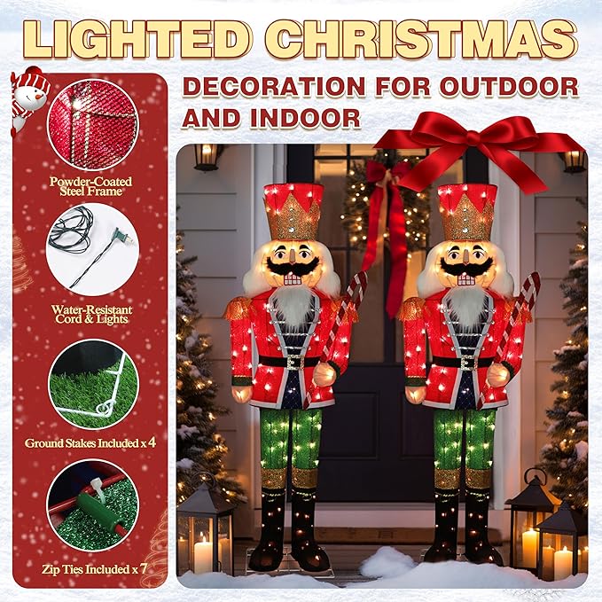 5FT Lighted Nutcracker with Candy Cane for Christmas Decoration, 3D Pre-Lit Iridescent Soldier Xmas Decor with 100 Warm White Lights, Glittered Standing Holiday Display for Outdoor, Indoor-Ruum Studio Home