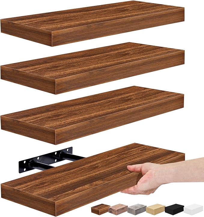 Sorbus Floating Shelves for Wall, Bathroom Shelves Wall Mounted for Kitchen, Bedroom, Living Room, Bathroom Storage, Over Toilet, Hanging Book Shelf for Ｗall Home Decor (Walnut, 4 Pack)-Ruum Studio Home
