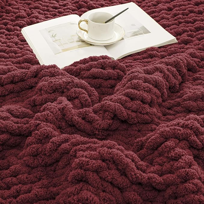 WESHIONGOO Chunky Knit Blanket Throw 40"×40" Knitted Throw Blankets for Couch Bed Fluffy Soft Blanket with Jumbo Chenille Yarn Thick 100% Handmade (Burgundy Red)-Ruum Studio Home