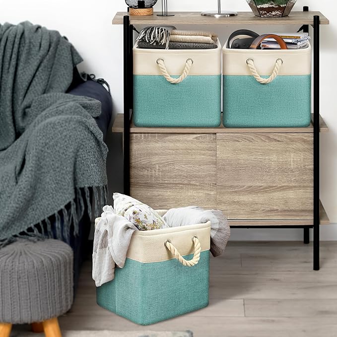SIMPLE HOUSEWARE Fabric Storage Cubes, 13" x 13" Storage Bin, 3 Pack, Turquoise-Ruum Studio Home