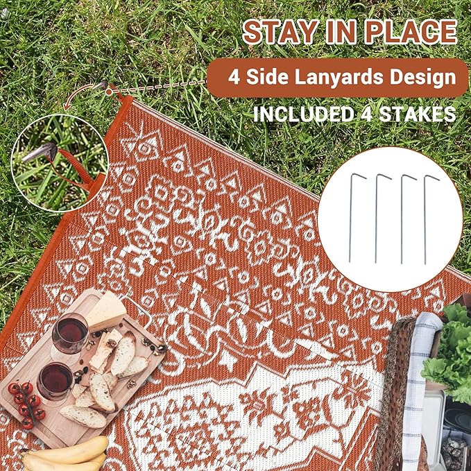 GAOMON Large Outdoor Plastic Straw Rug 10x14 Waterproof Patio Rug Reversible Foldable Portale Camping Mat with Stakes & Bag, Vintage Boho Outside Carpet for RV Garden Deck Porch, Orange Red-Ruum Studio Home