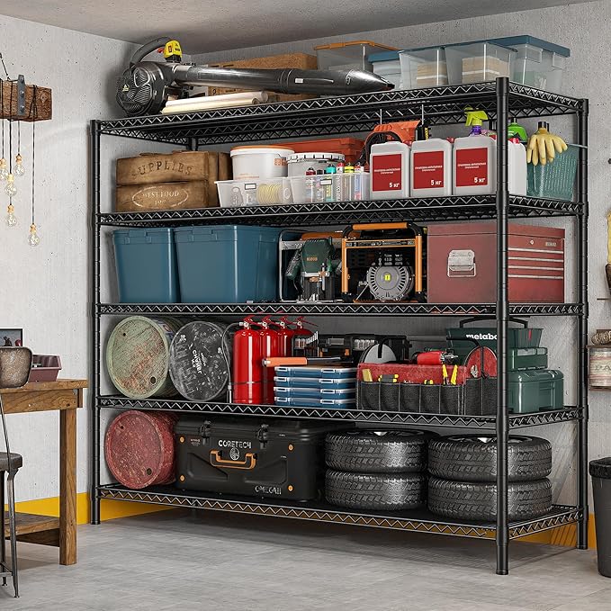REIBII 85.7"H Storage Shelves 2998LBS Metal Shelving Units with Wheels&Feet, 5 Tier Garage Shelving Heavy Duty Adjustable Wire Shelf for Pantry Garage Commercial Industrials, 85.7"H X 55.5"W X 24.2"D-Ruum Studio Home