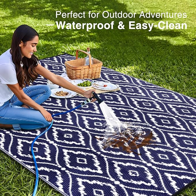 OLANLY Outdoor Rug 9x12 ft Waterproof, Outdoor Plastic Straw Rug with Geometric Pattern Clearance, Reversible RV Mat for Patio, Camping, Balcony, Deck, Backyard, Navy & White-Ruum Studio Home