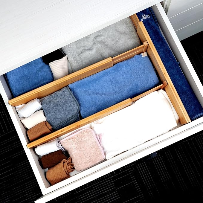 Utoplike Bamboo Drawer Dividers Large(Fits 18.6"-20.6" Drawer Inner Size, Height > 4.05"), Adjustable Kitchen Drawer Organizers for Clothing, Spring Loaded, 4 pcs-Ruum Studio Home