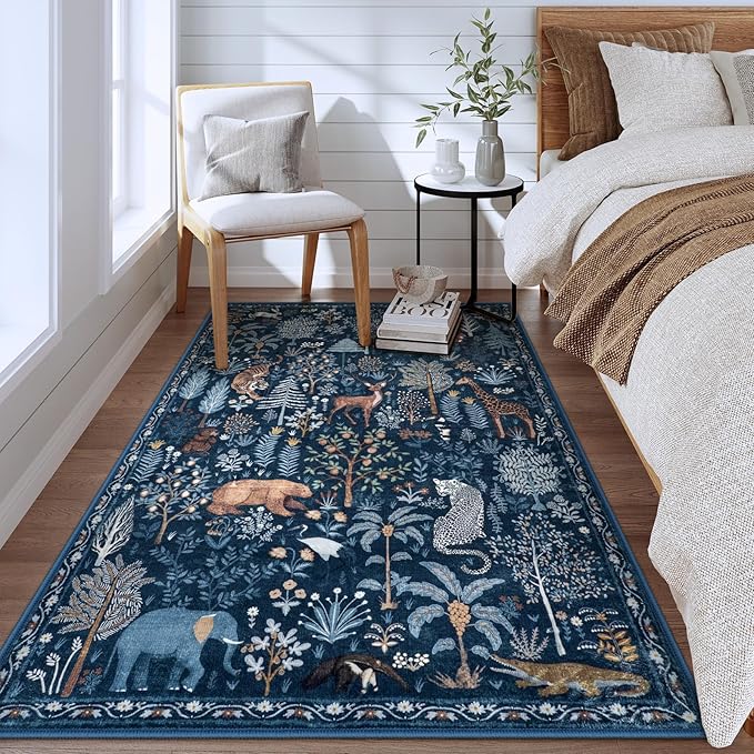 OJIA Jungle Print Blue 5x7 Rugs for Living Room, Soft Ultra-Thin Washable Area Rugs for Bedroom Non-Slip Modern Entryway Rug Non Shedding Indoor Carpet Kids Rugs for Playroom Nursery Classroom-Ruum Studio Home