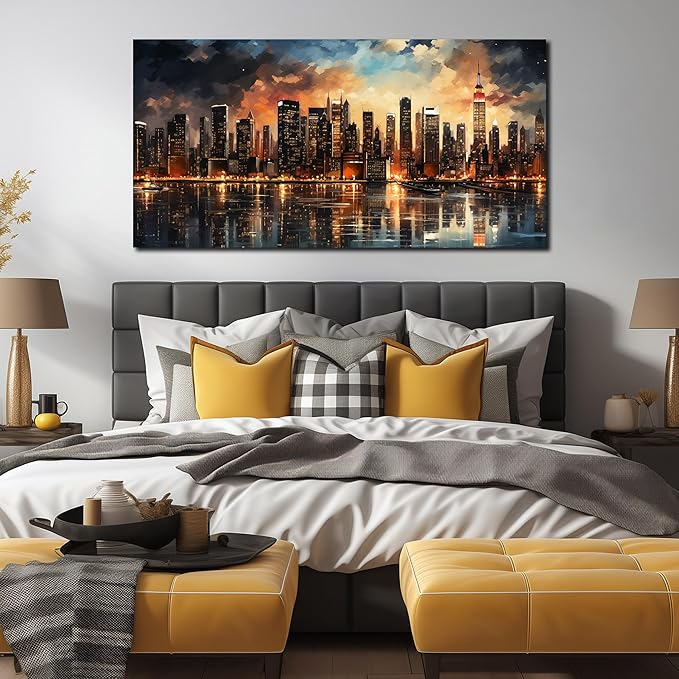 New York Skyline Wall Art for Office,Modern Living Room Wall Paintings City Wall Decor for Bedroom 29 x 59 Inch-Ruum Studio Home