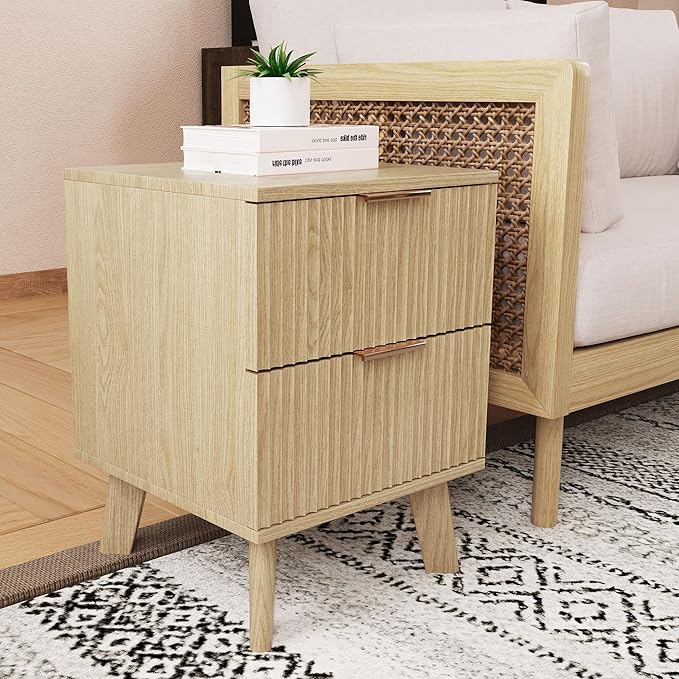 Fluted Nightstands Set of 2, Mid Century Modern 2 Drawer Dresser for Bedroom, Small Night Stand Side Table End Table with Wood Drawer Storage for Bedroom Closet, Natural-Ruum Studio Home