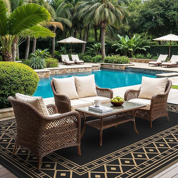 GENIMO Outdoor Rug Waterproof 9'x12' for Patio, Foldable Reversible Plastic Straw Carpet for Travel Trailers, Outside Area Mat for Rv, Deck, Picnic, Porch, Camper, Balcony, Beach, Black & Brown-Ruum Studio Home